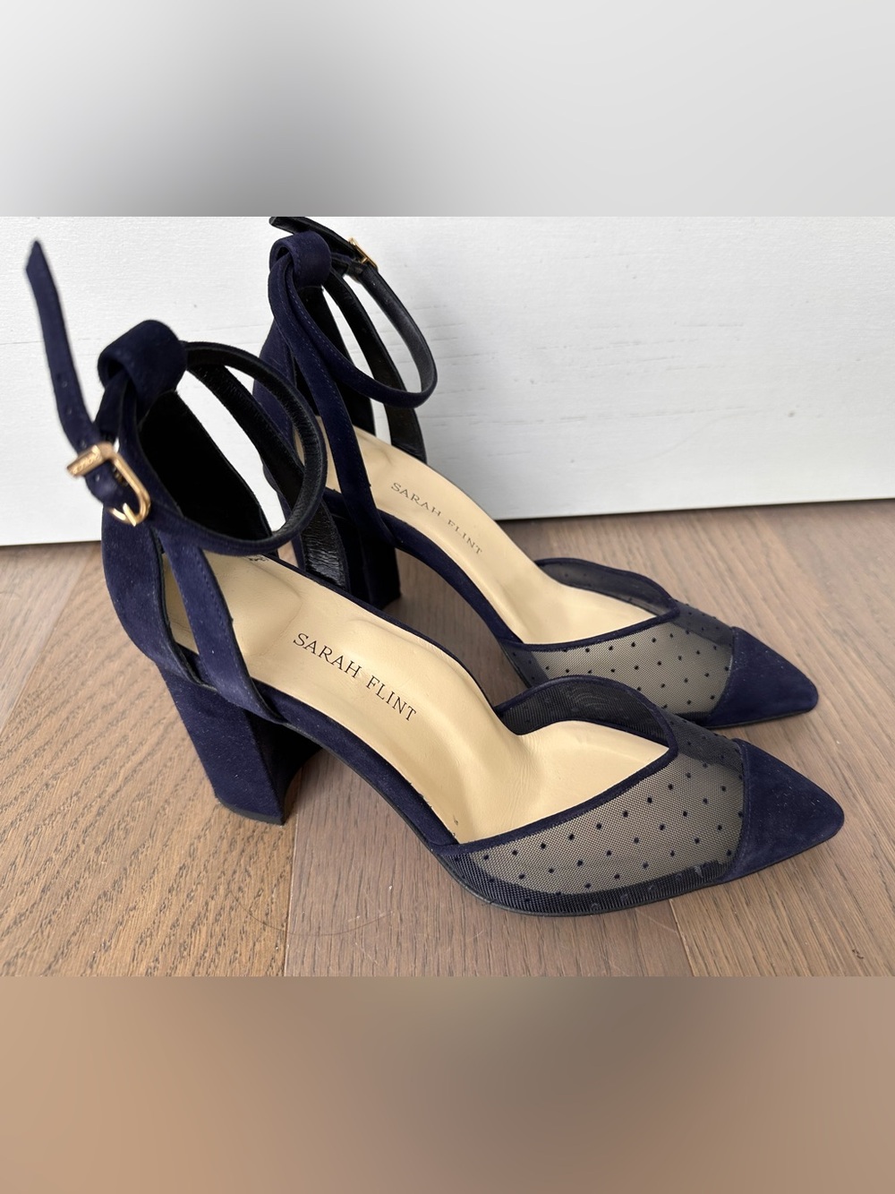 Sarah Flint "Parker" Navy Suede Low-heeled Sandals with Polka Dots - US Size 7